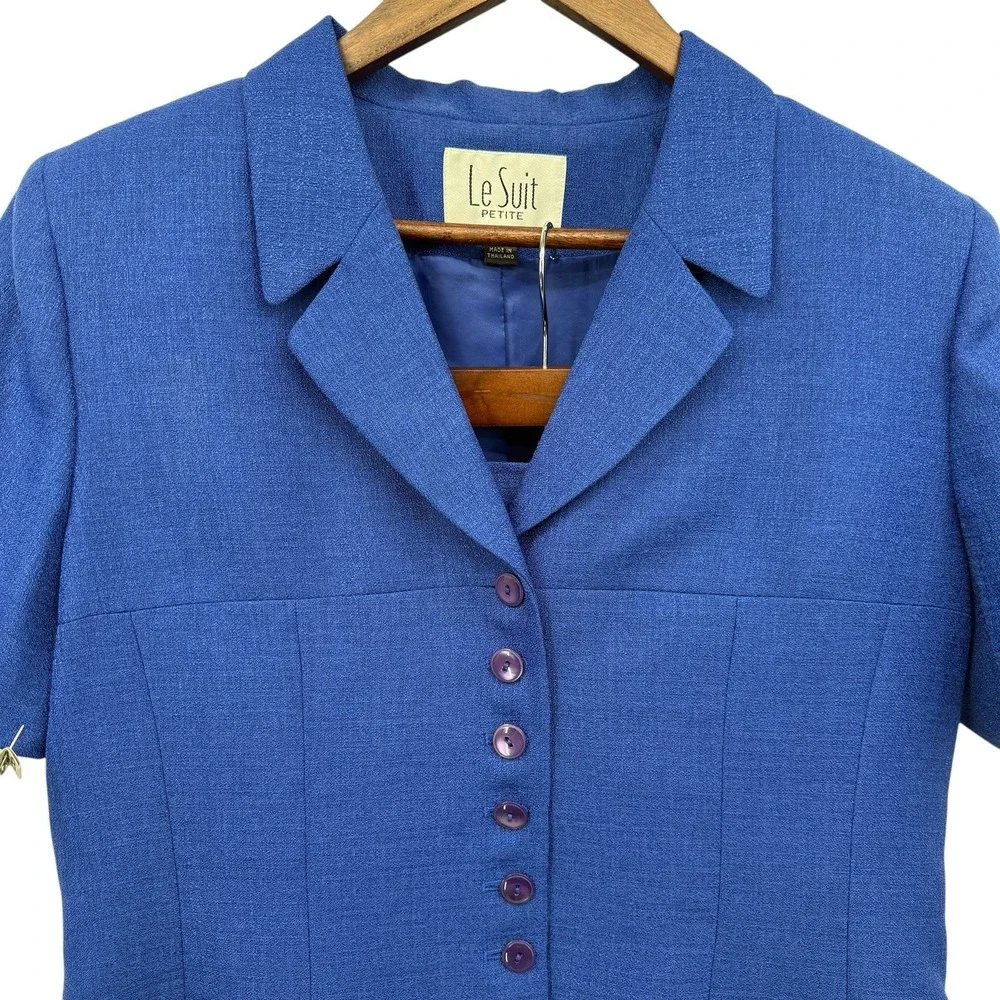 Le Suit Petite 14P Blue 2‎ Pc Skirt Suit Set Career Office Lined Short Sleeve
